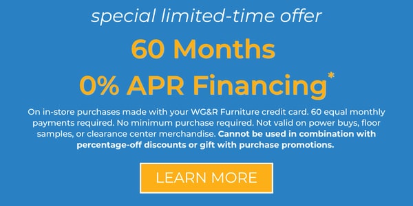 60 month financing with 0% APR on premium mattress brands at WG&R Sleep Shop