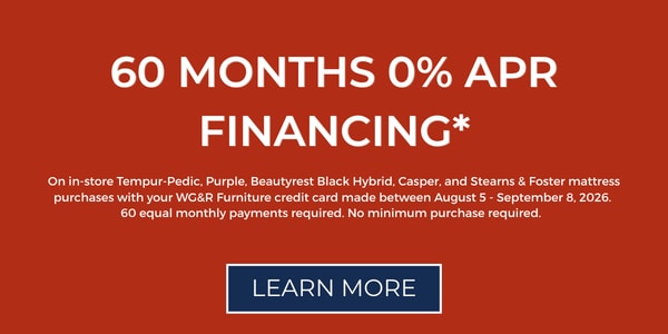 60 month financing with 0% APR on premium mattress brands at WG&R Sleep Shop