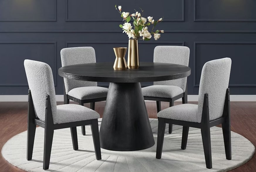 Contemporary dining set with dark finish round table and four upholstered chairs