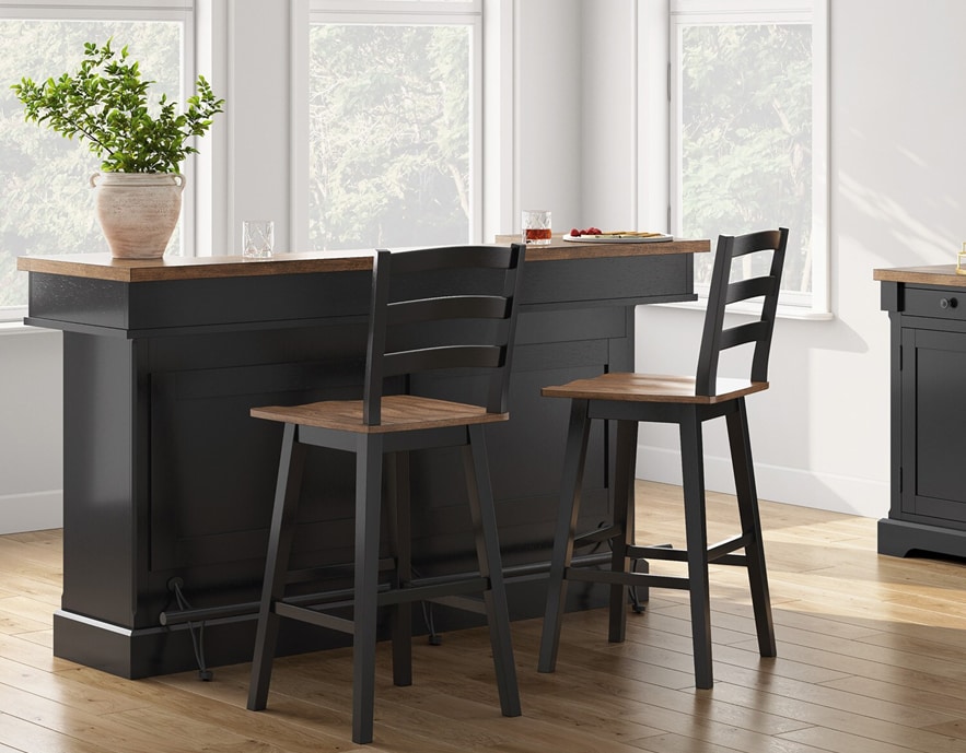 Home bar set with two stools in a home setting