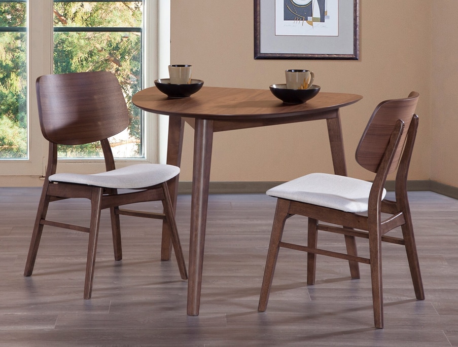 Small contemporary dining set in walnut finish with coffee mug place settings