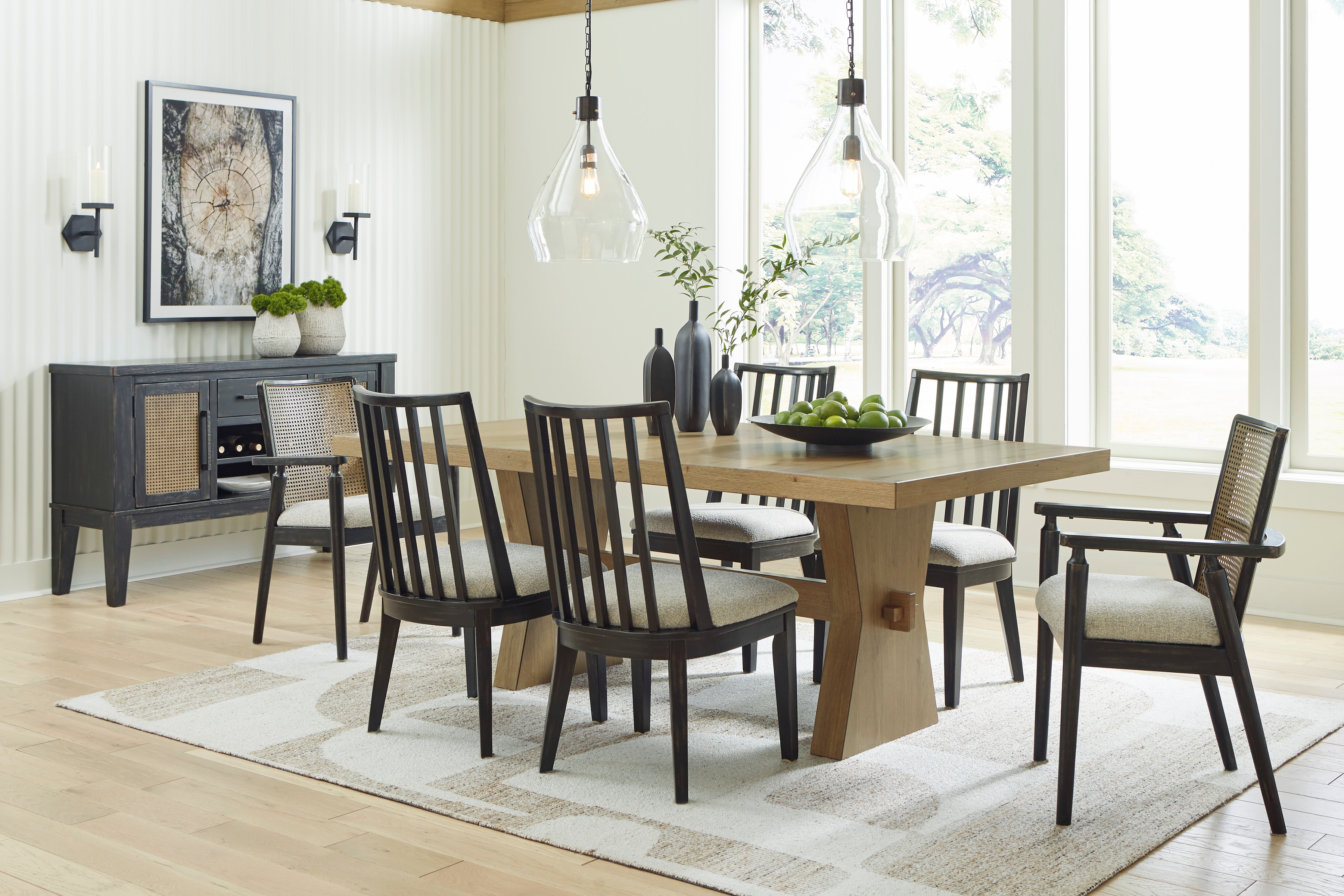 dining table with black spindle curved chairs in dining room