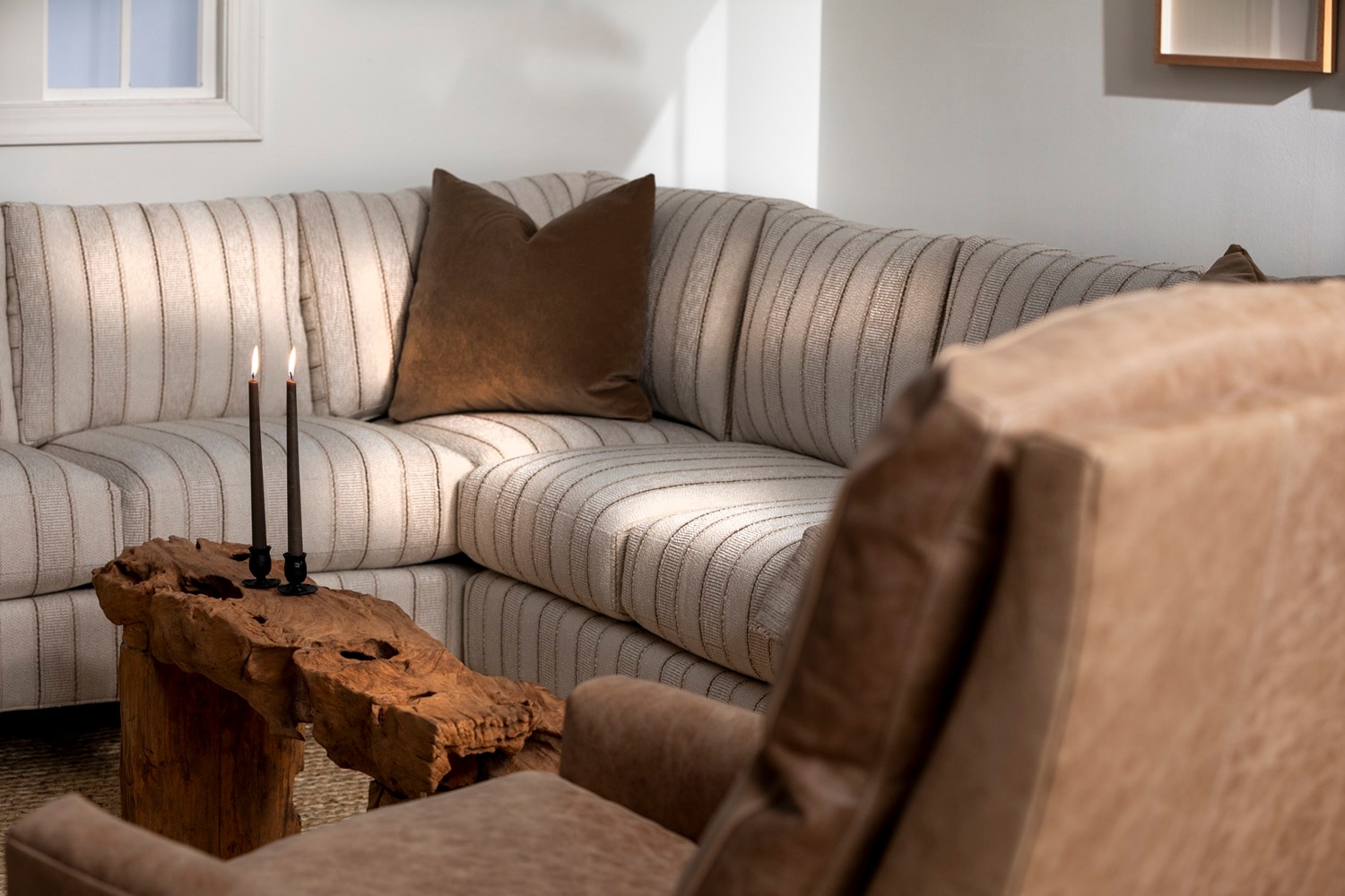 Pinstripe sectional corner with teak table