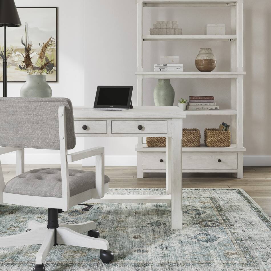 Our Holland Home Office Collection. A White wood chair, desk & bookcase.
