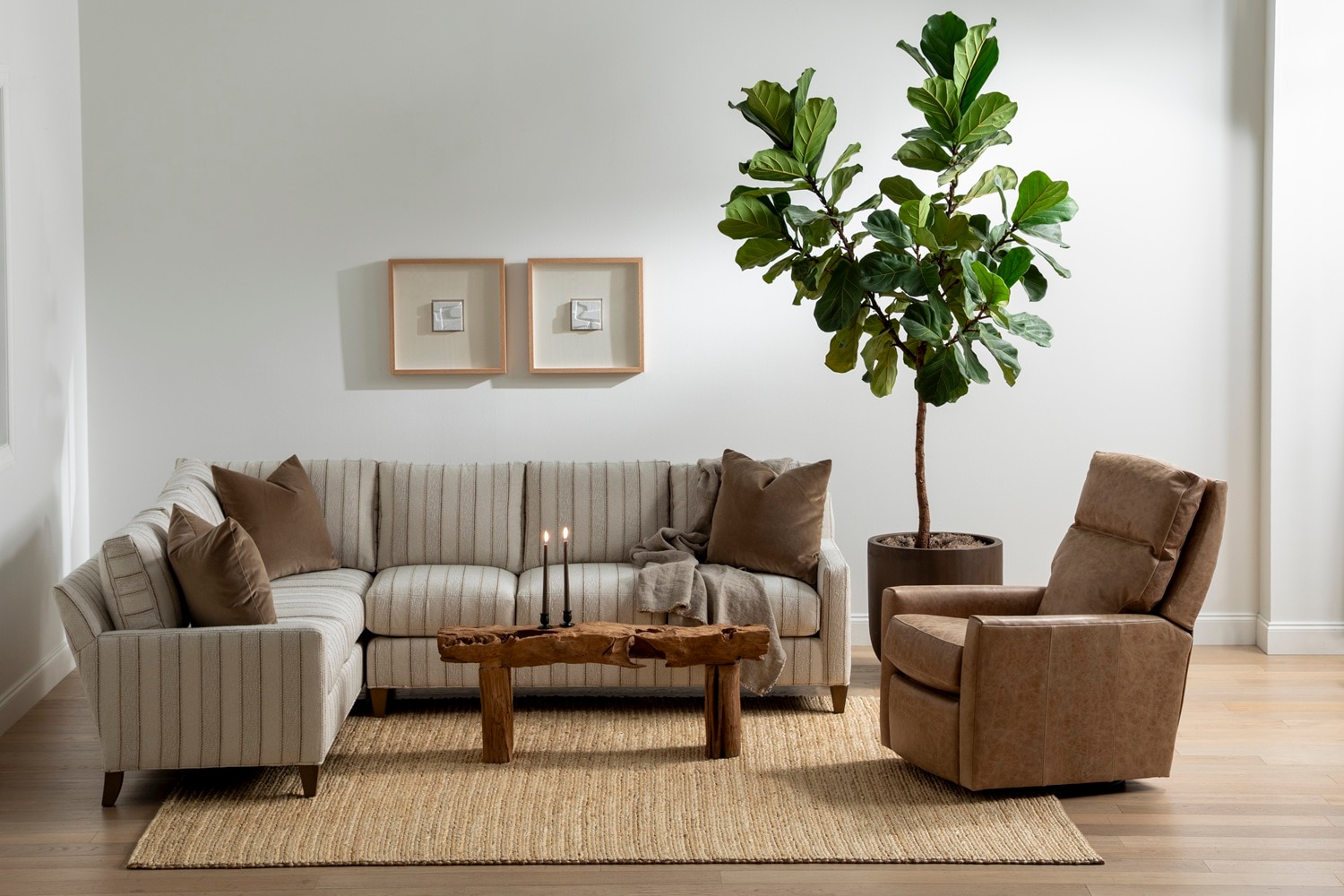 Coastal design pinstripe sofa in room setting