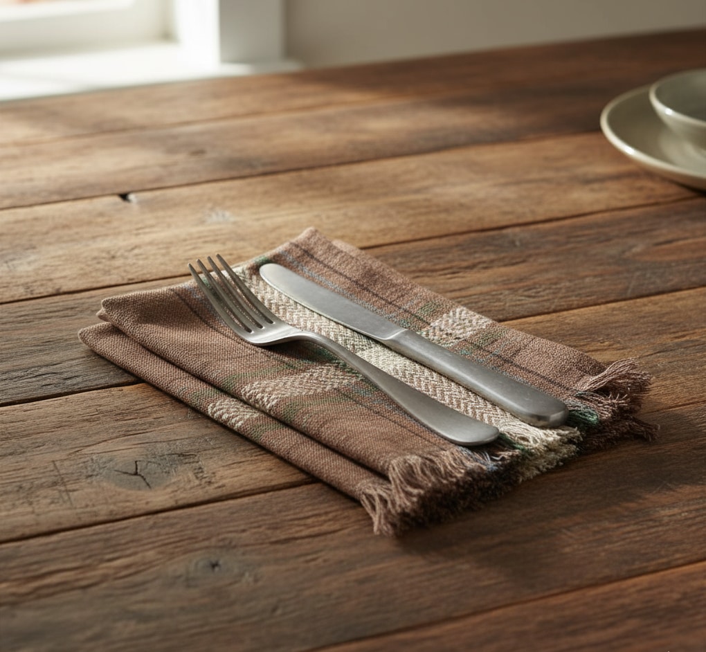 Libeco rust colored table linen with silverware