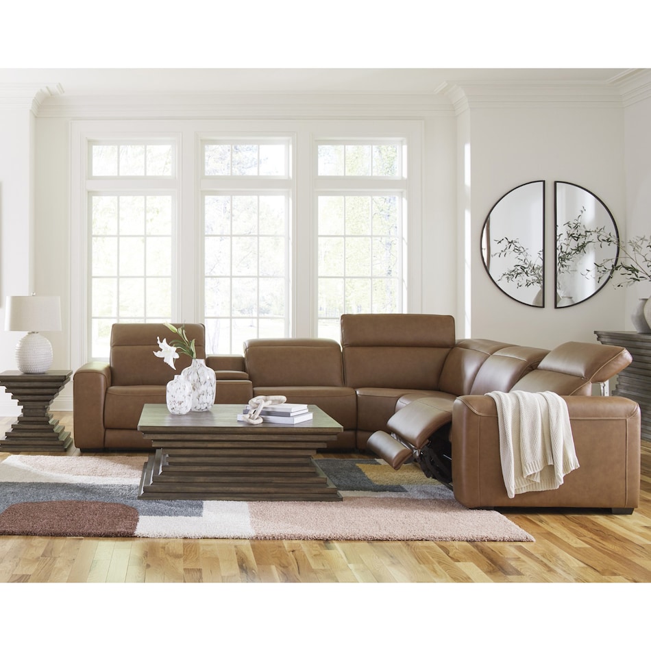 a brown leather  seat sectional ap  
