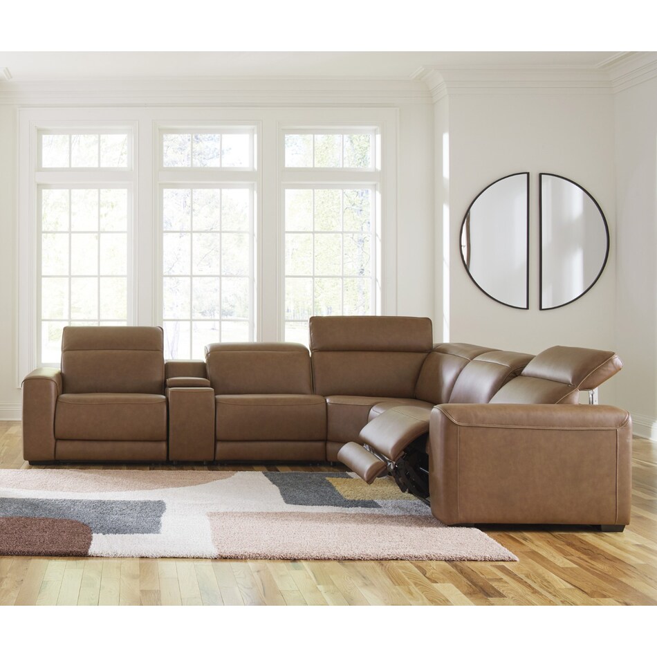 a brown leather  seat sectional ap  