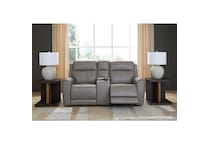 a gray leather loveseat   