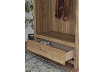a brown hall tree bench   