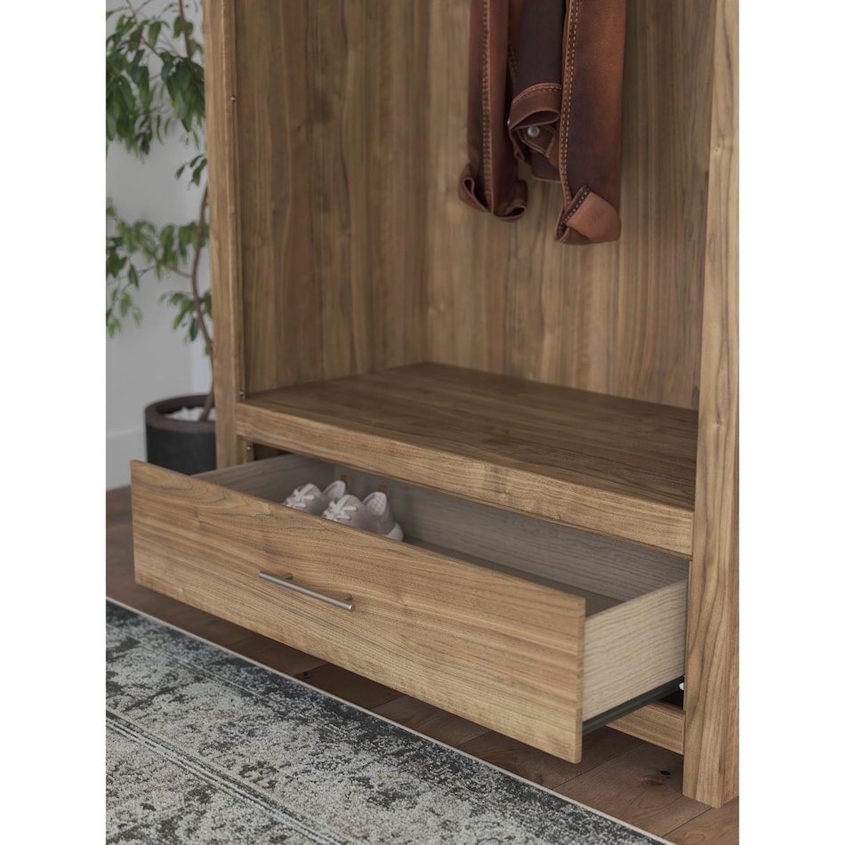 a brown hall tree bench   