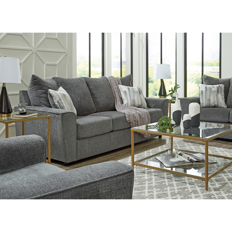 a gray fabric sofa   