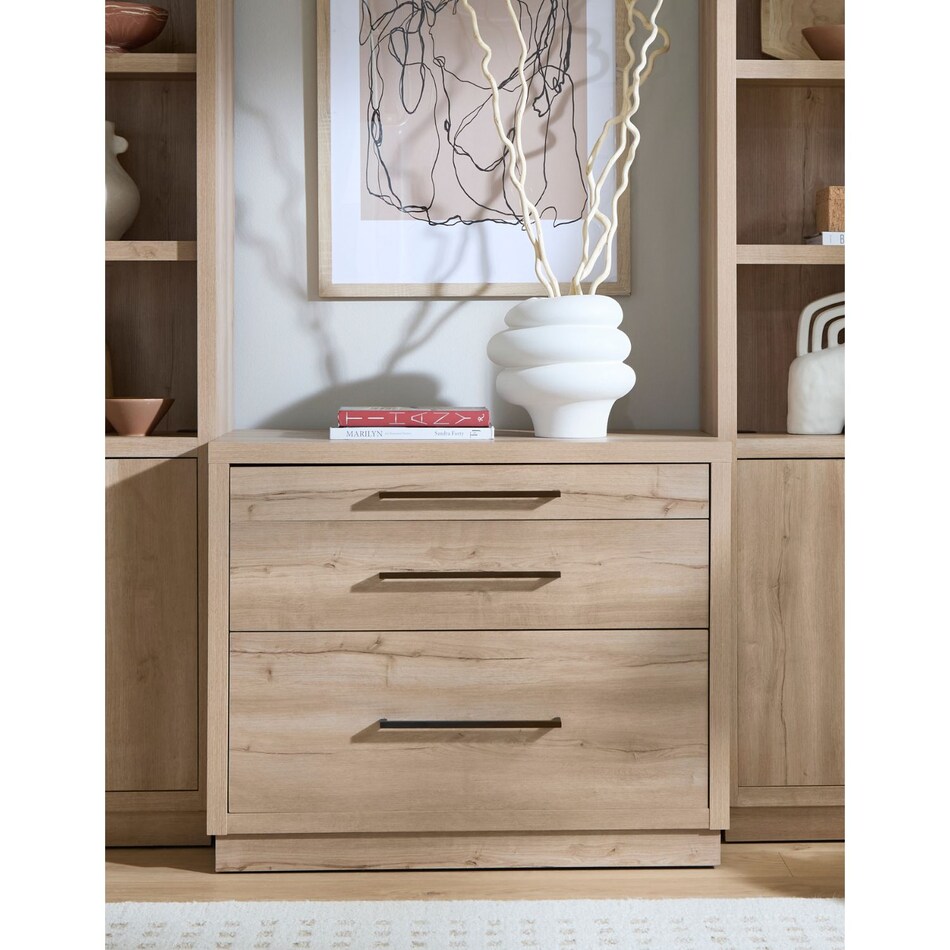 a light brown file cabinet   