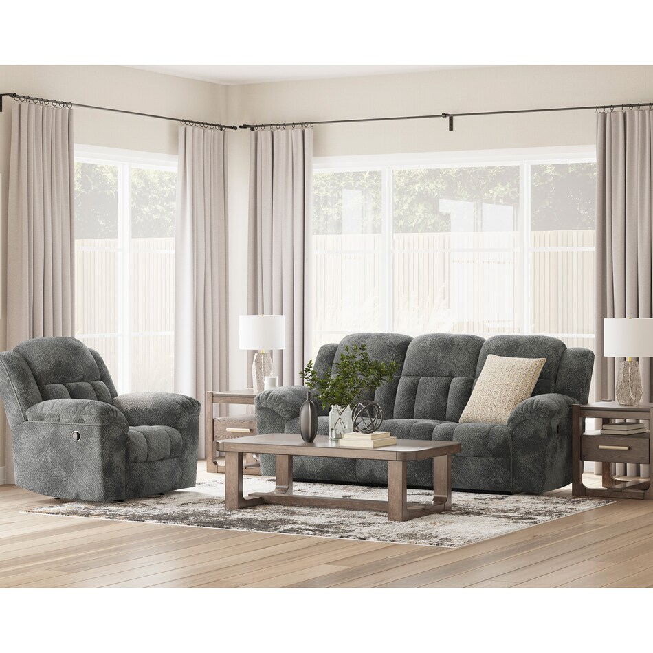 a gray fabric recliner   