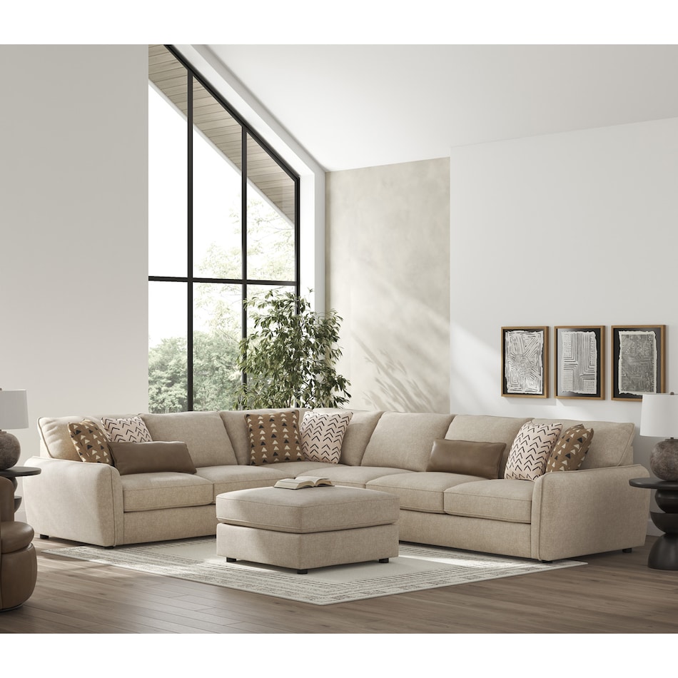 a beige fabric ottoman   