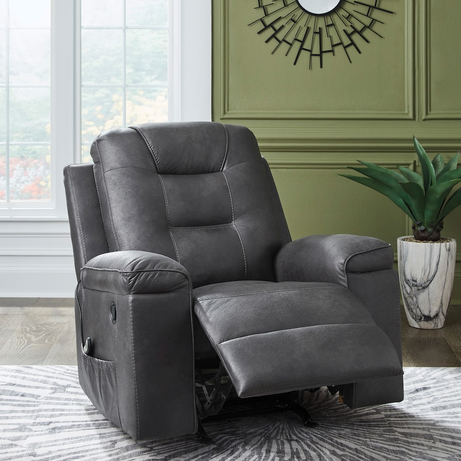 a gray fabric recliner   