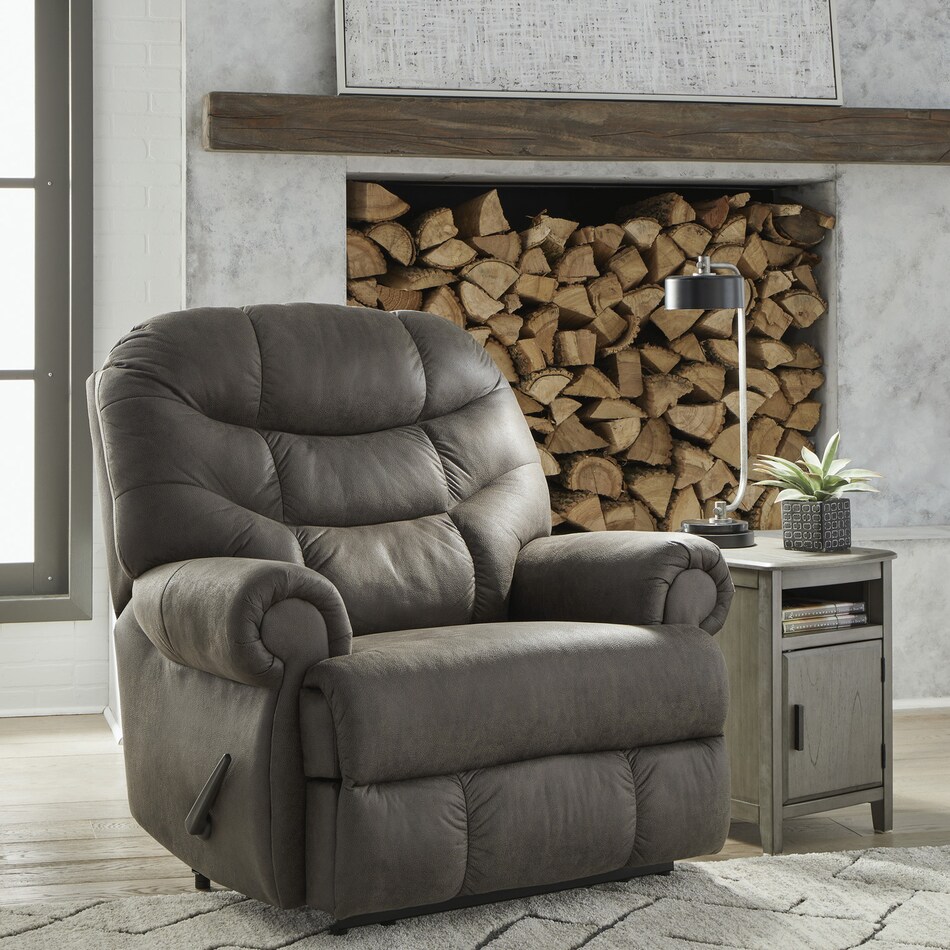 a gray fabric recliner   