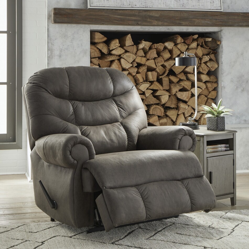 a gray fabric recliner   