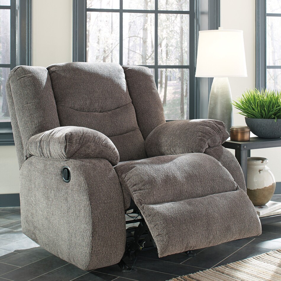 a gray fabric recliner   
