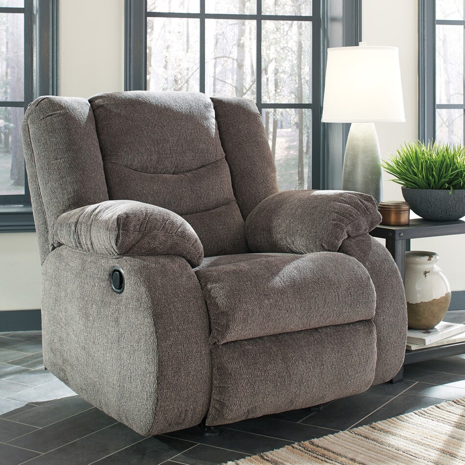 a gray fabric recliner   