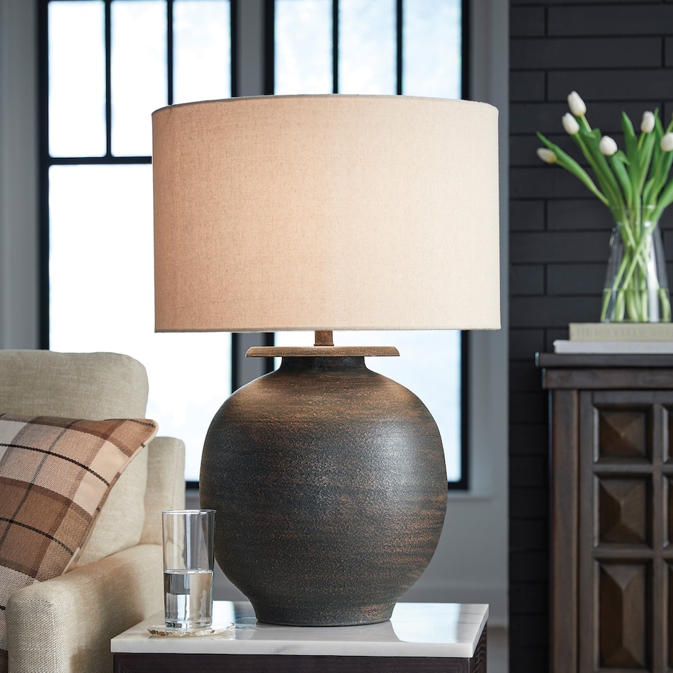 al brown metal table lamp   